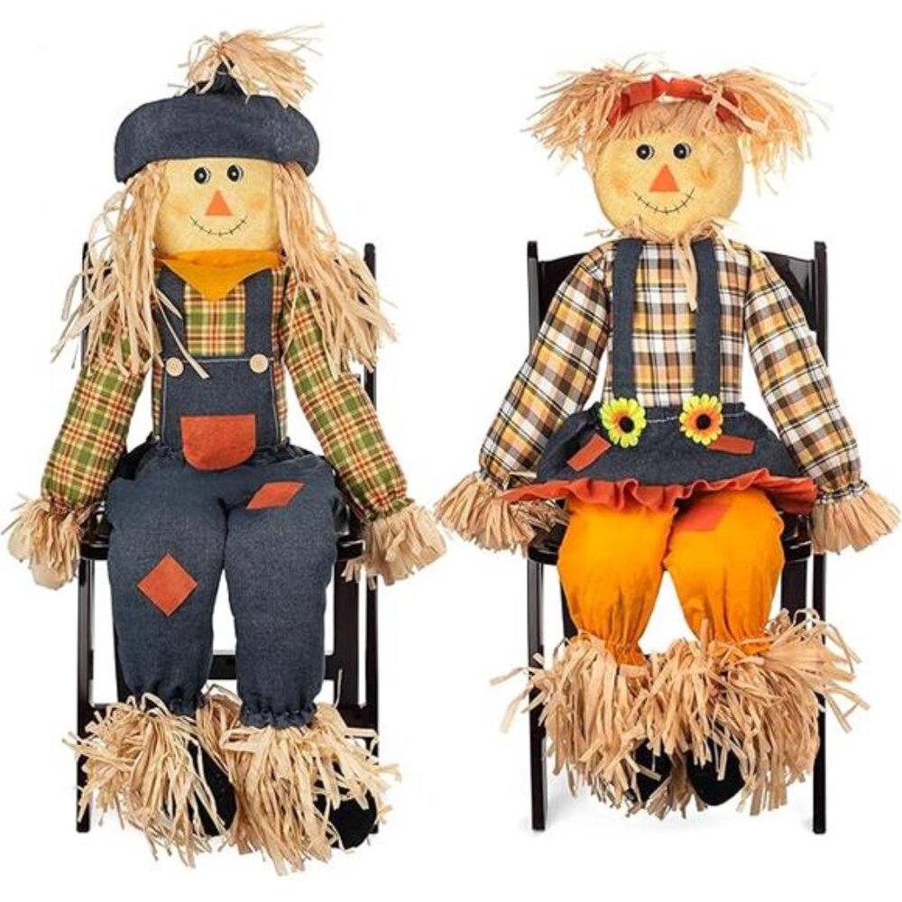 Thanksgiving Sitting Scarecrow Decor Set of 2 Large 50 Inch Boy Girl Couple - Picture 8 of 8